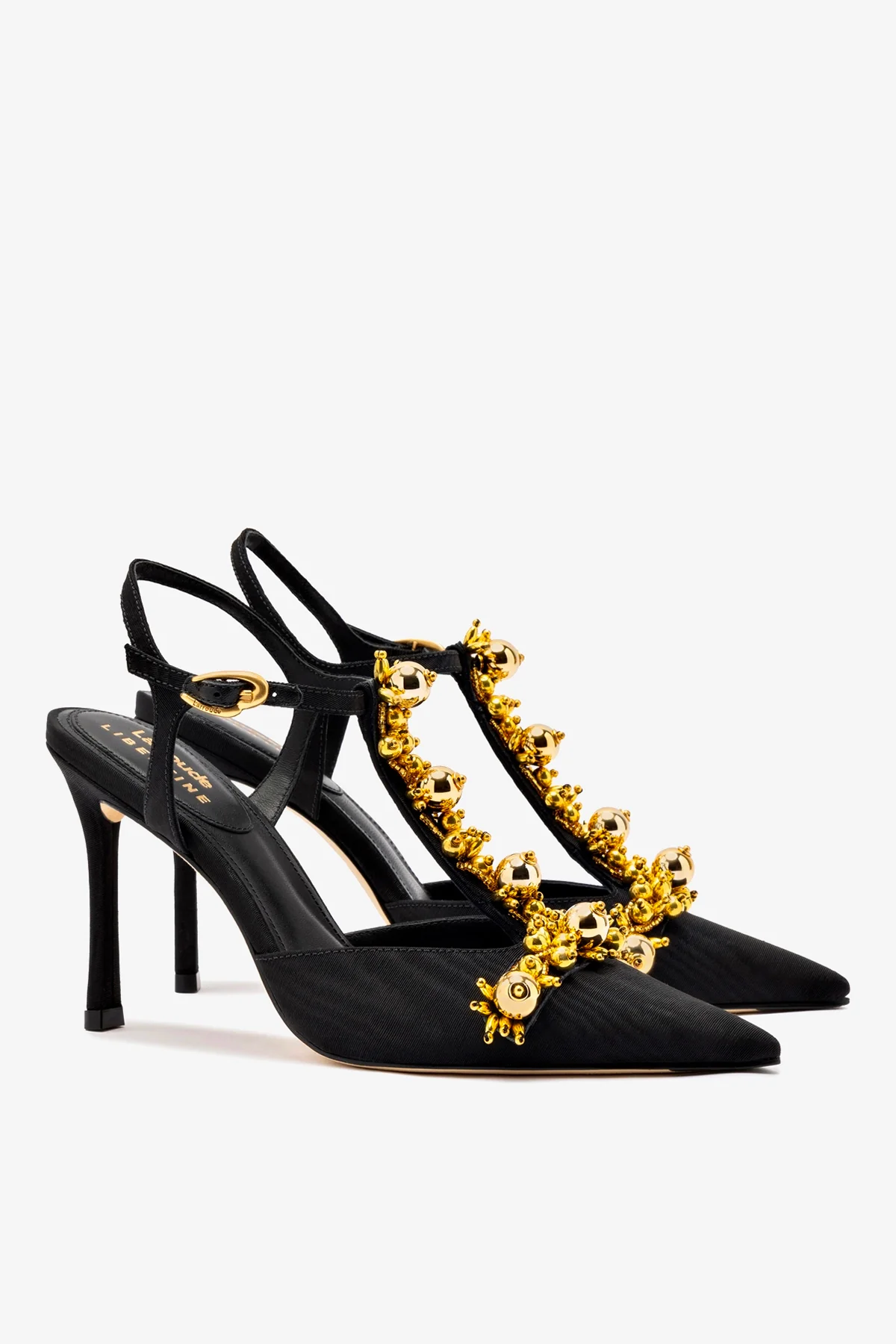 Larroudé x Libertine Pump In Black Fabric and Golden Balls - Image 3