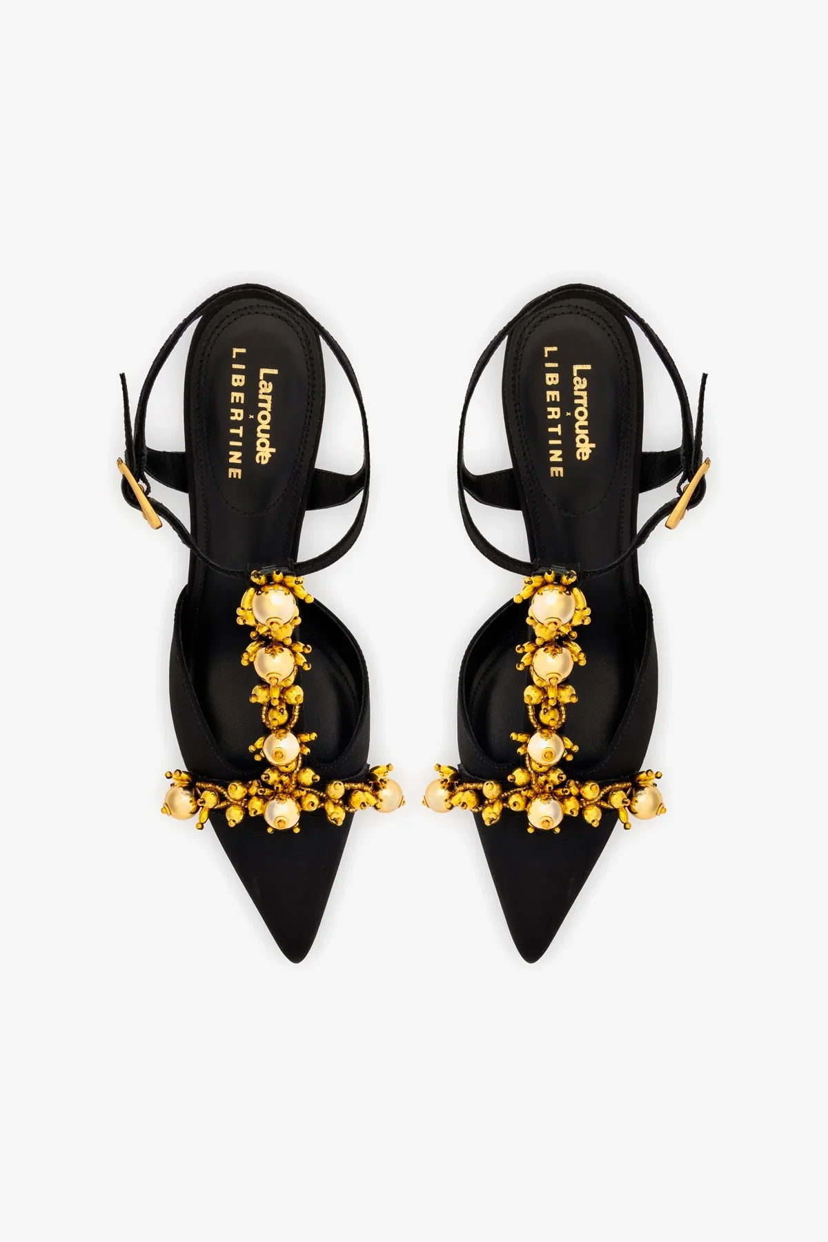 Larroudé x Libertine Pump In Black Fabric and Golden Balls - Image 7